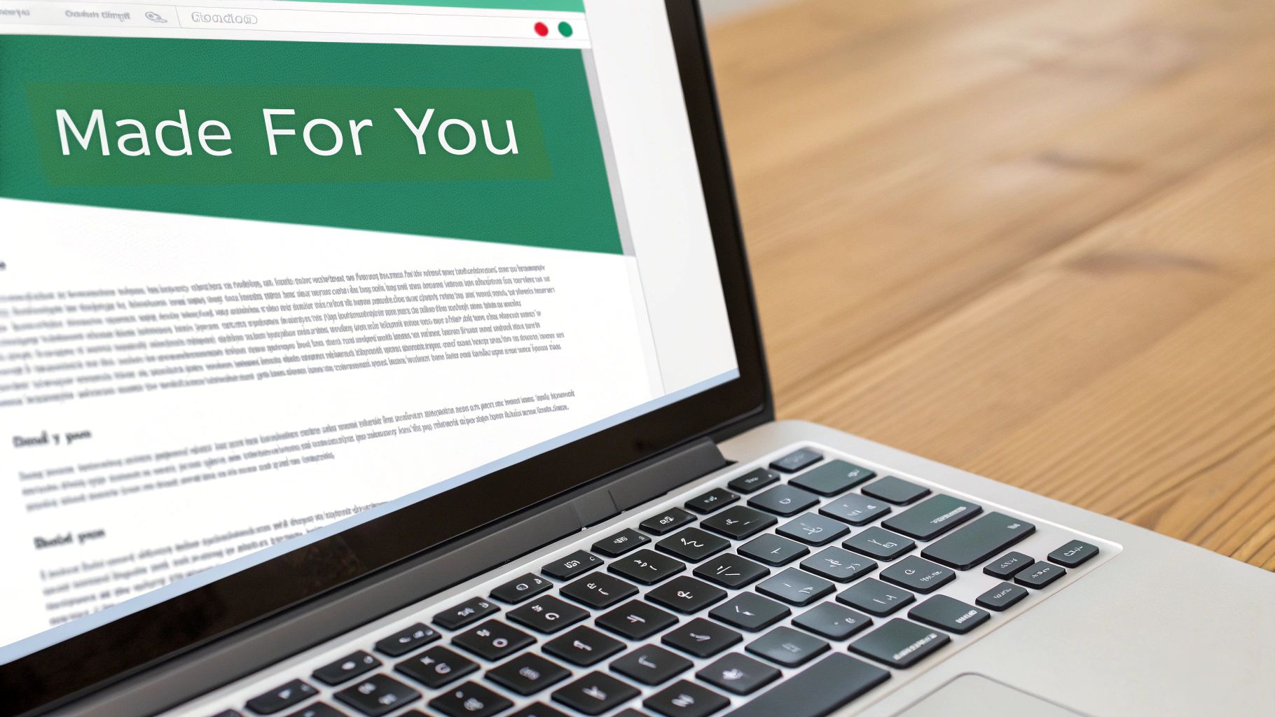 A silver laptop on a wooden desk shows a webpage with a green header 'Made For You'.