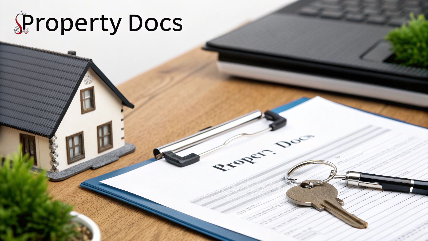 A miniature house model, clipboard with property documents, a house key, and a pen on a wooden desk.