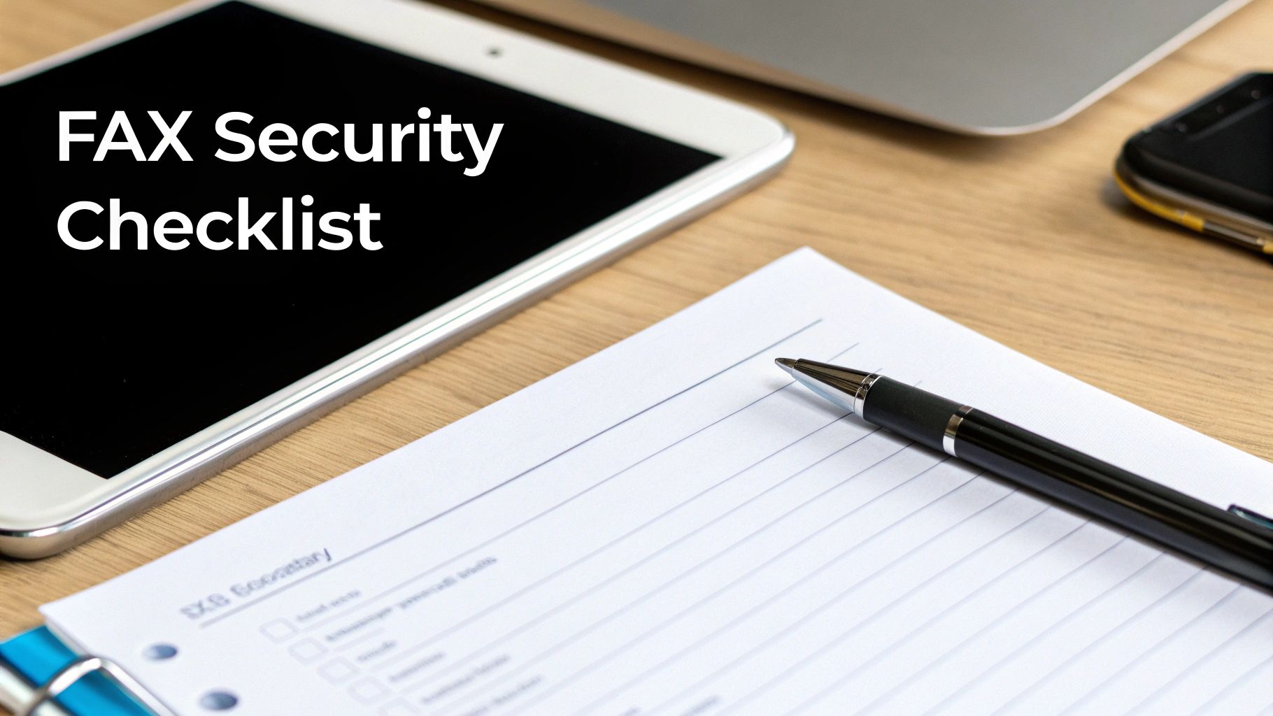 A tablet displaying 'FAX Security Checklist' with a pen and paper on a wooden office desk.