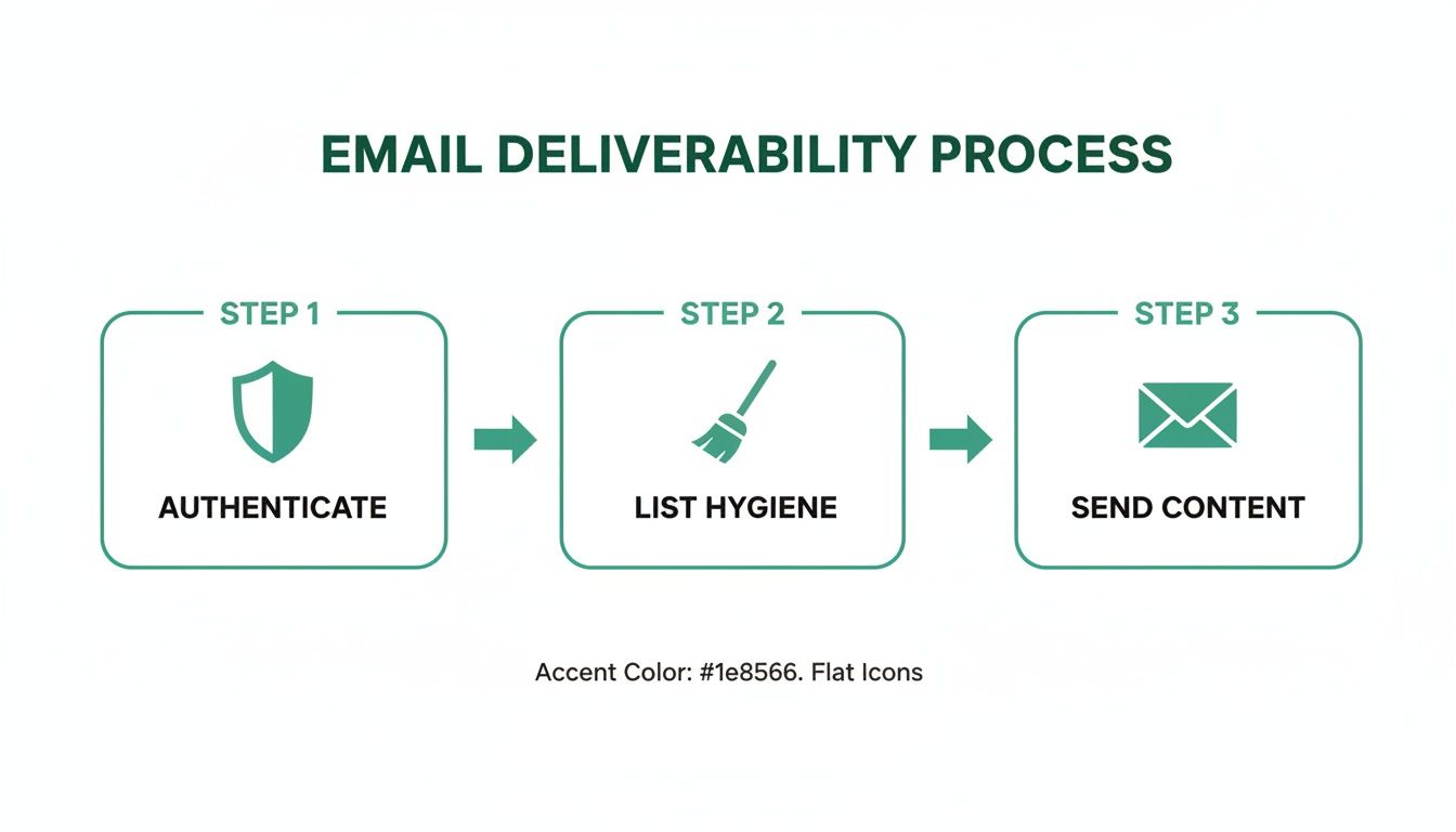 Diagram showing the email deliverability process in three steps: Authenticate, List Hygiene, and Send Content.
