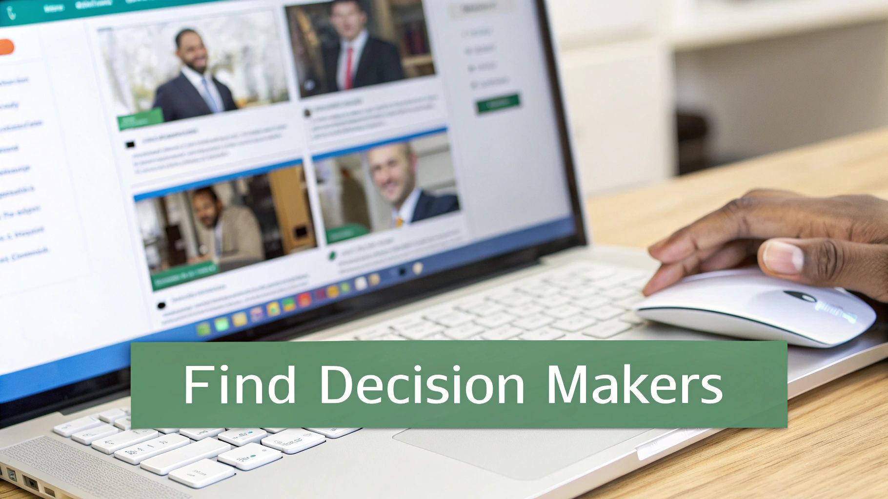 A person's hand uses a white mouse next to a laptop displaying business profiles and "Find Decision Makers" text.