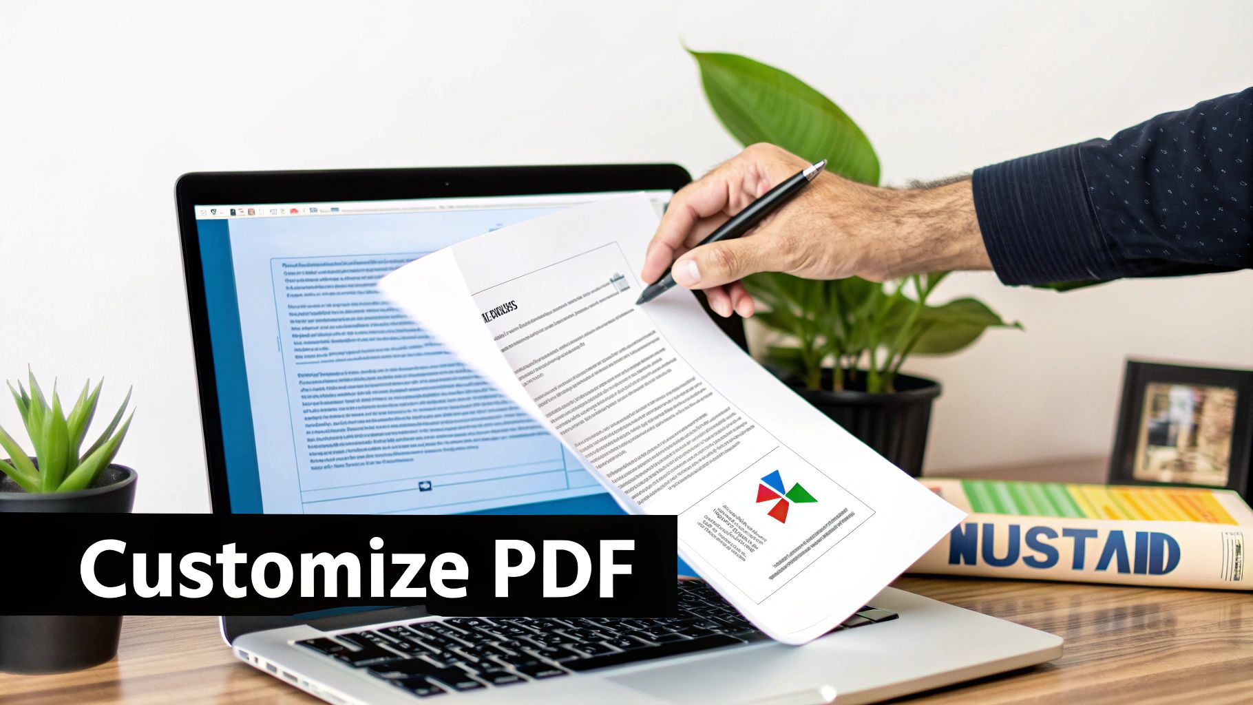 A person's hand with a pen over a PDF document on a laptop, customizing it.