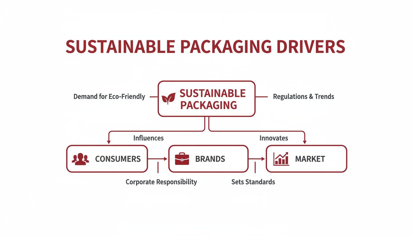 Flowchart illustrating the key drivers of sustainable packaging, including consumer demand, regulations, brands, and market.