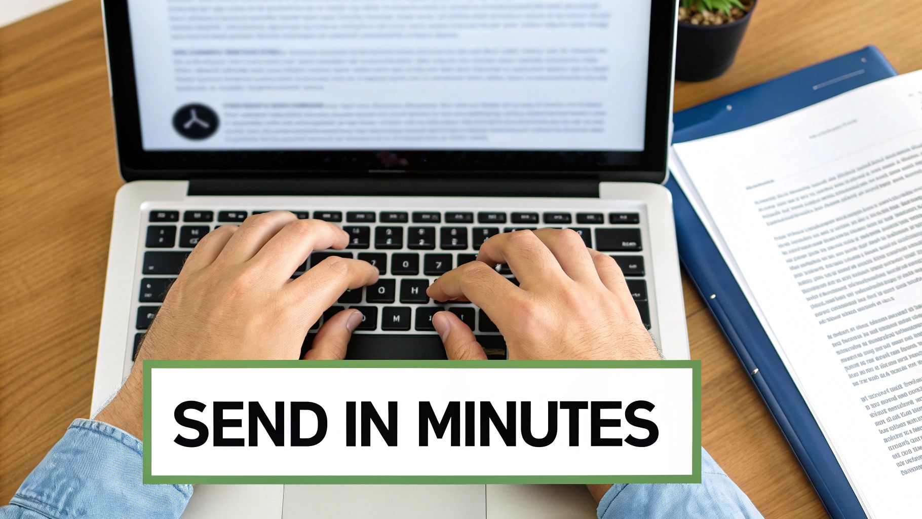 Hands typing on a laptop keyboard with a prominent 'SEND IN MINUTES' banner, indicating fast communication.
