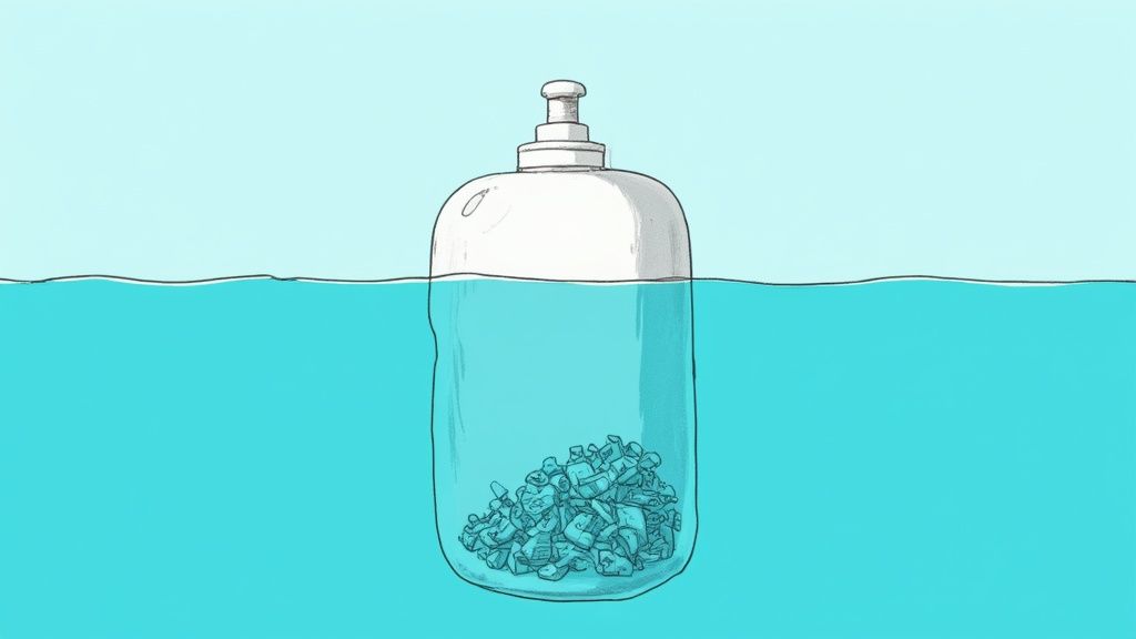 An arrangement of sustainable beauty products in eco-friendly packaging, such as glass jars, aluminum tubes, and paperboard.