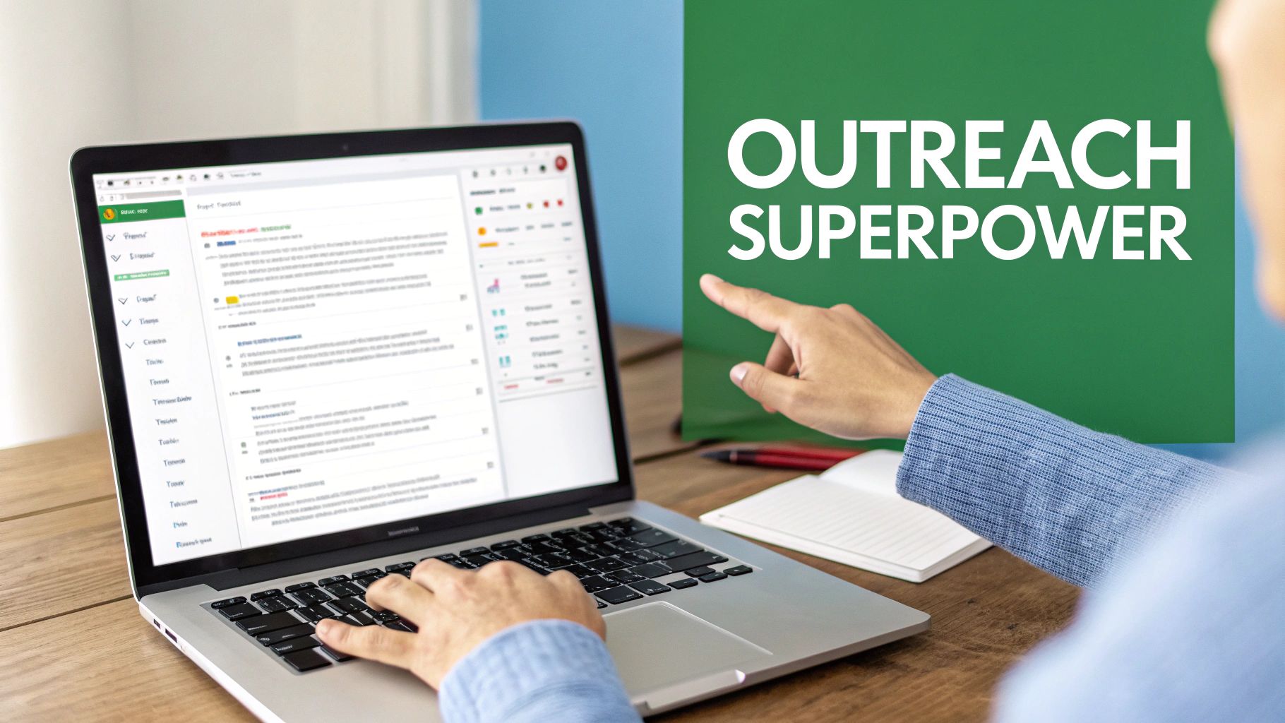 A person's hands on a laptop keyboard, pointing at a green 'OUTREACH SUPERPOWER' sign.