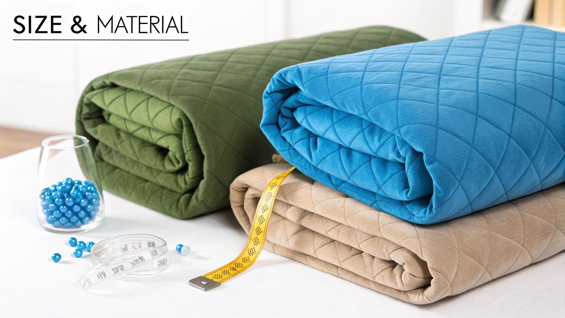 Three folded quilted weighted blankets in green, blue, and beige with measuring tape and glass beads