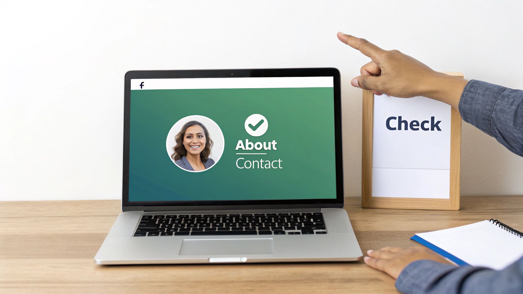 Person checking Facebook profile contact information on laptop screen with About section displayed