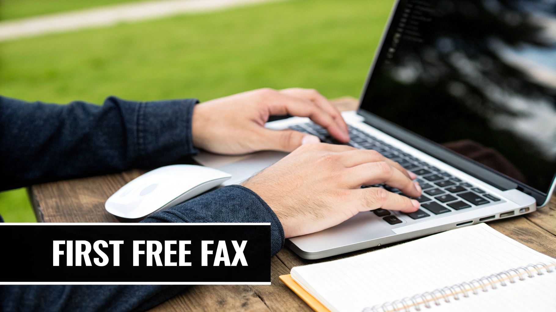 Person typing on laptop with mouse and notebook for sending free fax from computer