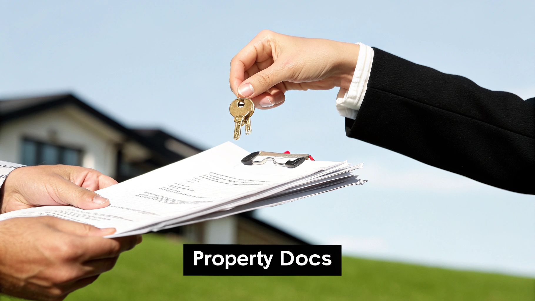 A person in a suit hands house keys to another person holding property documents, with a house in the background.