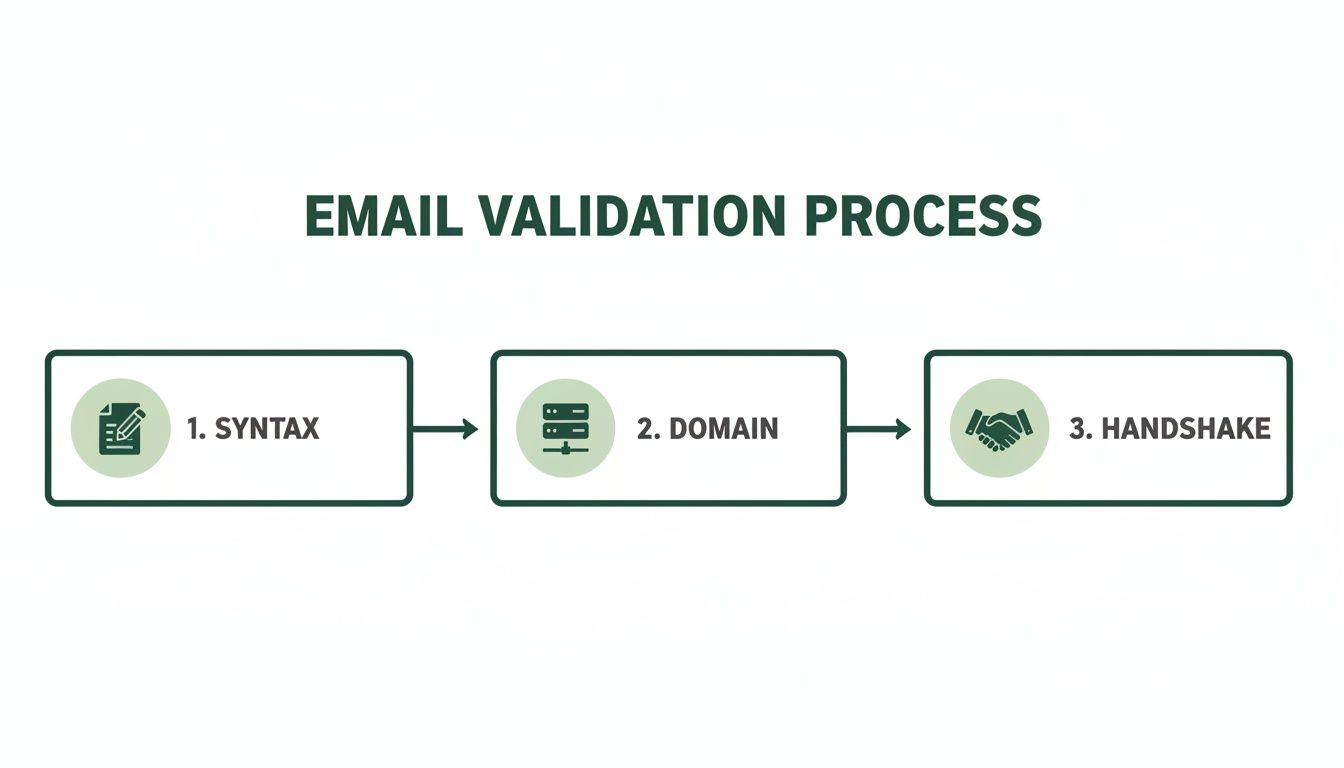A clear flowchart illustrating the three-step email validation process: Syntax, Domain, and Handshake.