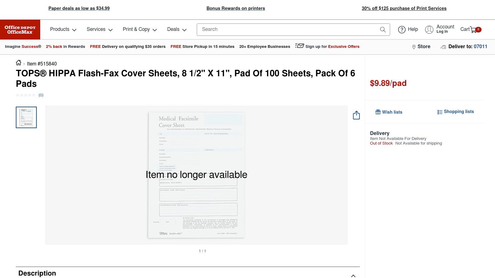 Office Depot/OfficeMax (Physical Fax Cover Sheet Pads)