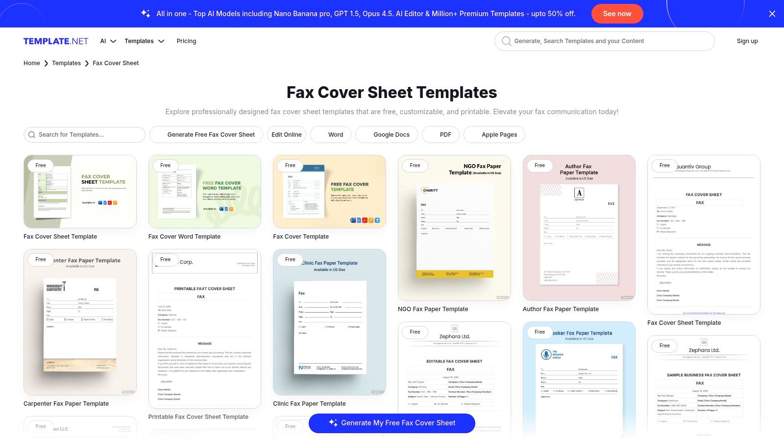A screenshot of Template.net's website showing a grid of various fax cover sheet templates, with options for different professions like legal and medical.