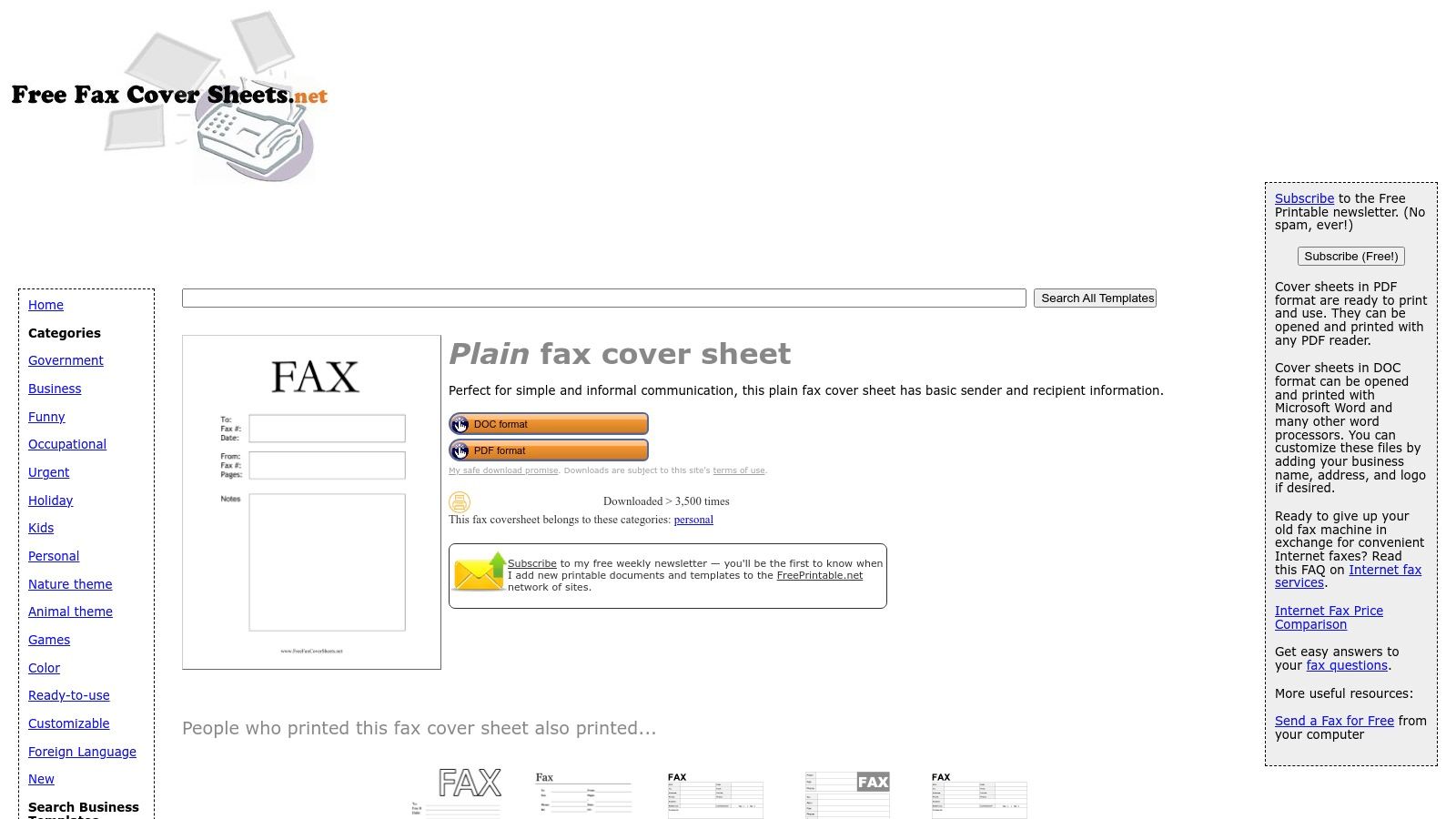 A plain fax cover sheet template from FreeFaxCoverSheets.net