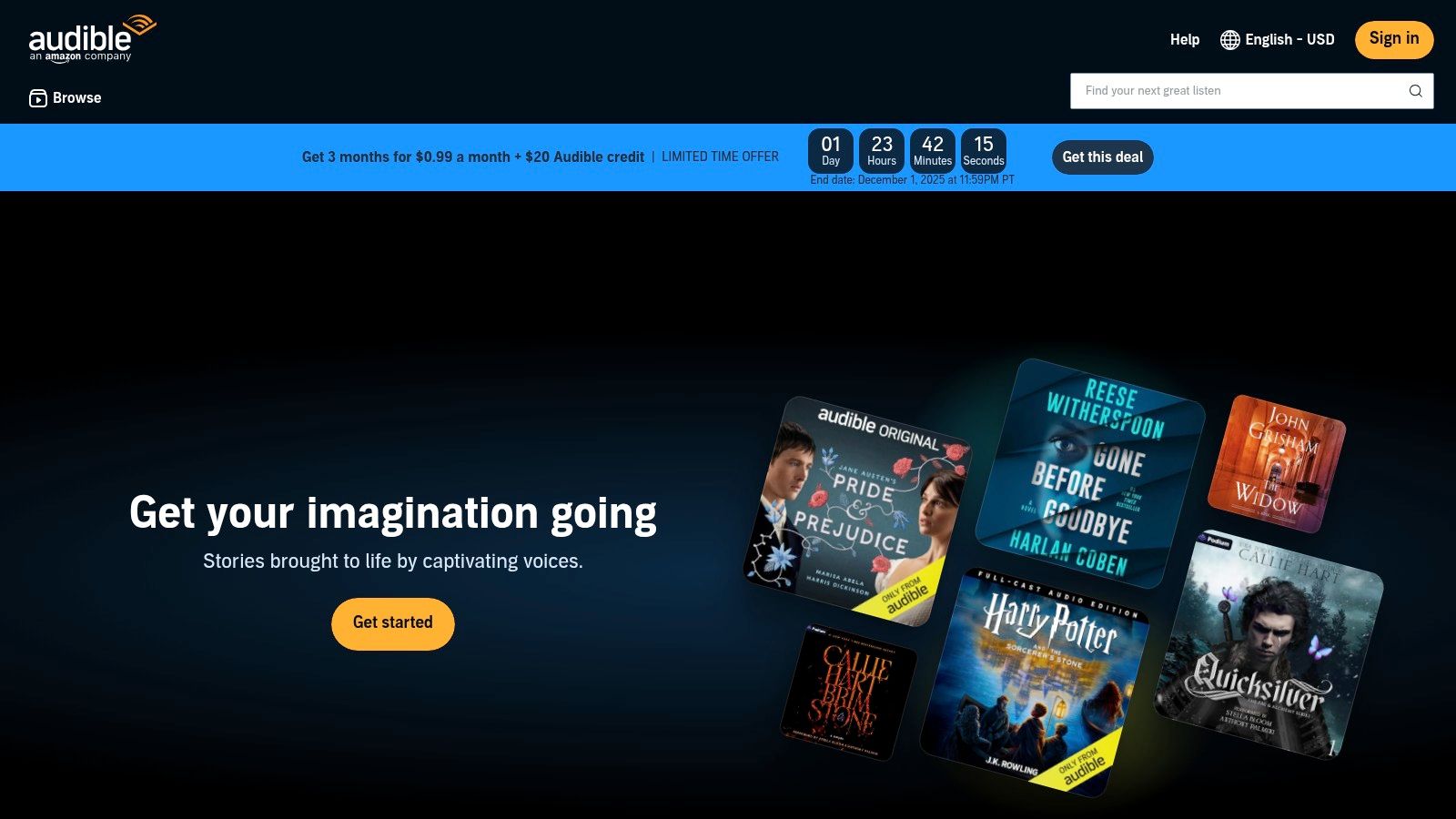 A collage of audiobook covers including "Mythos", "Pride and Prejudice", and "The Lord of the Rings"