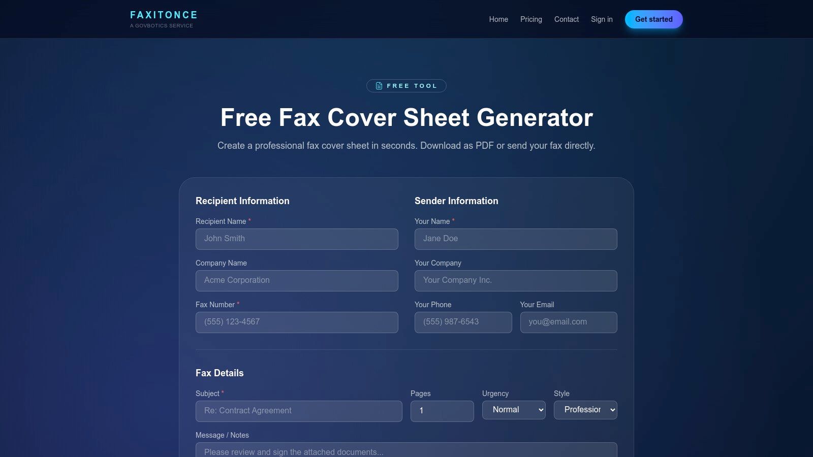 FaxItOnce – Free Cover Sheet Generator