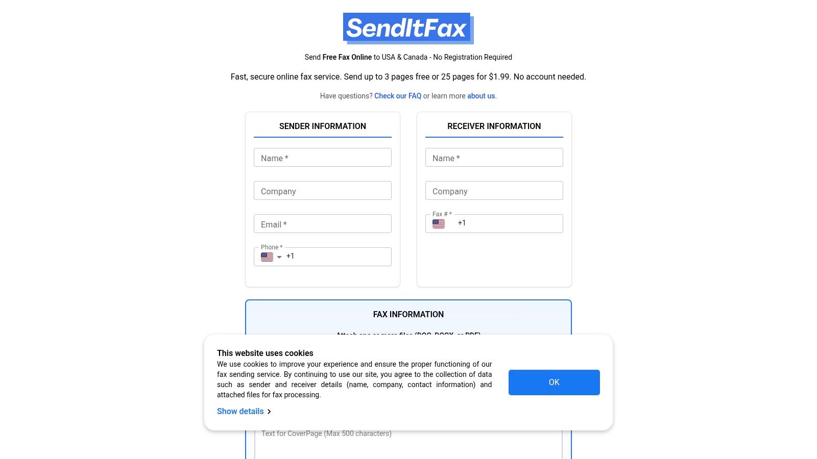 A user filling out the SendItFax form to send a fax online