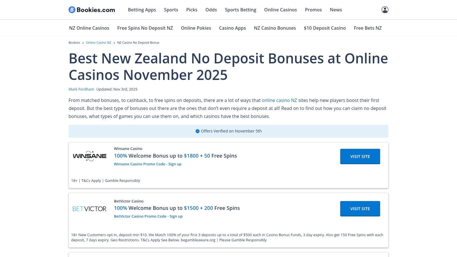 Bookies.com (NZ) — Best No Deposit Bonuses