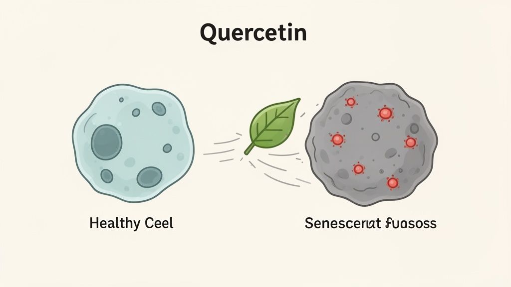 Illustration showing Quercetin represented by a leaf, influencing a senescent cell into a healthy cell.