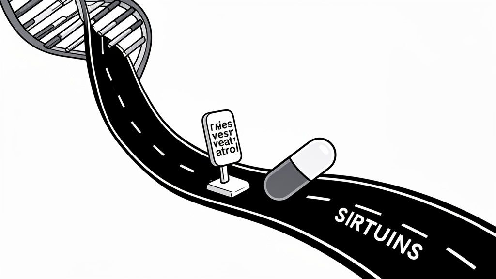 A black road emerges from a DNA helix, with a signpost for Resveratrol and a pill, leading to Sirtuins.