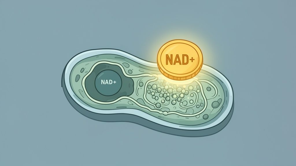Illustration of a cellular structure with NAD+ labeled inside and a glowing golden NAD+ coin.