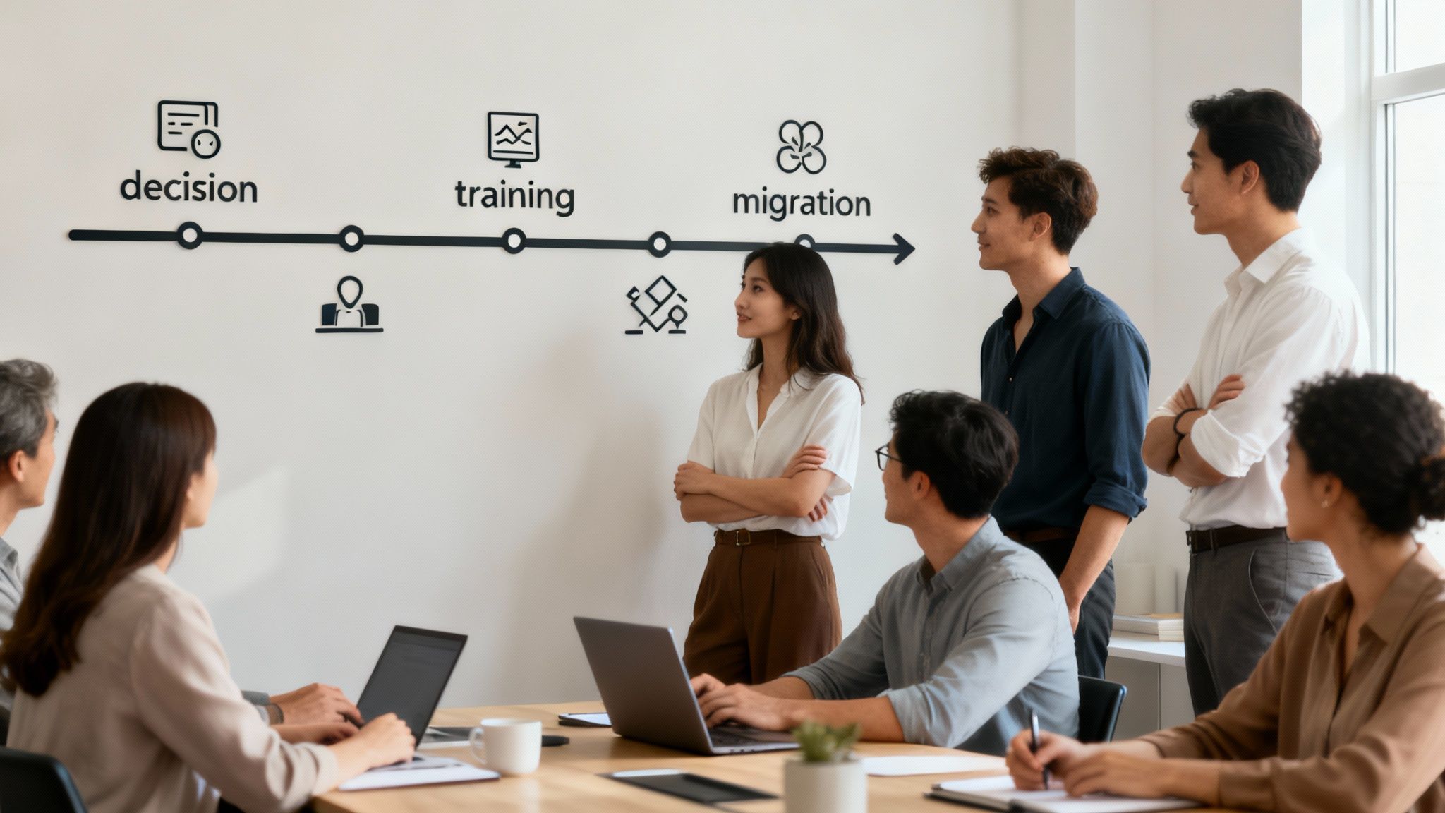 A person pointing to a flowchart on a glass wall, explaining an implementation strategy to colleagues.