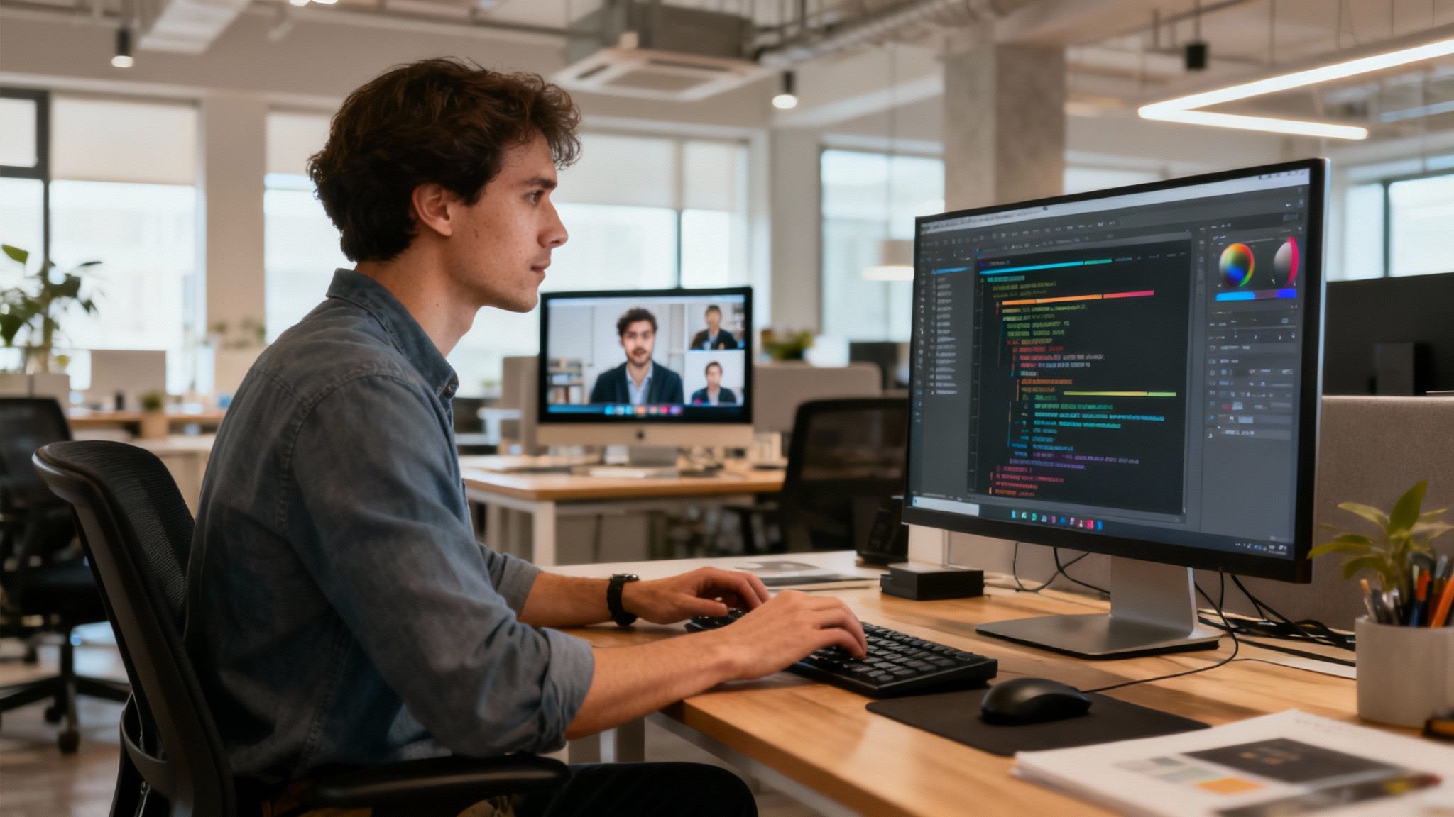 A modern office with a creative team collaborating, indicating the need for reliable, high-speed internet.