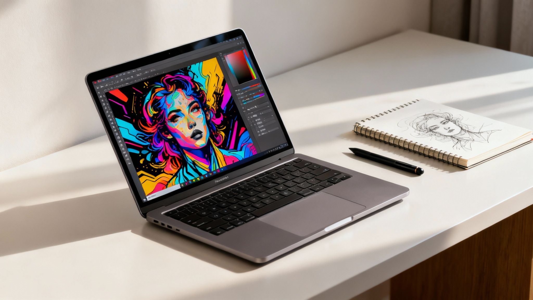 A graphic designer working on a modern laptop with a vibrant screen, surrounded by design tools.