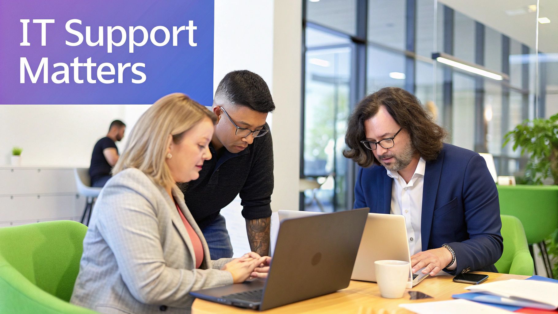 A creative agency team collaborating in a modern office space, highlighting the need for reliable IT support.