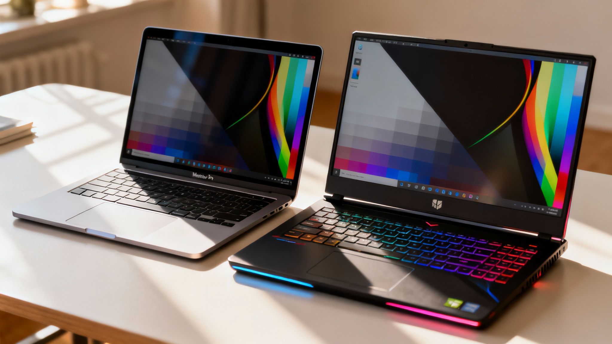 A side-by-side view of two high-performance laptops displaying complex graphic design software interfaces.
