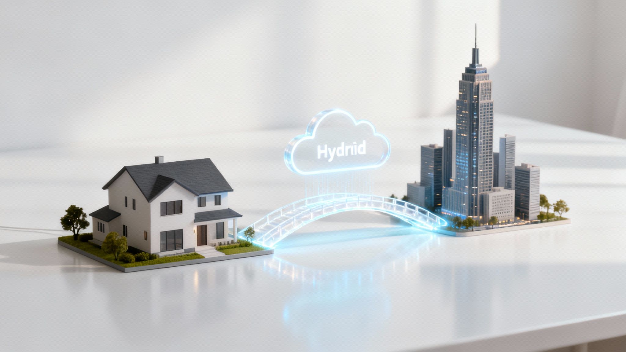 An image showing a seamless blend of private and public cloud infrastructures, symbolizing the hybrid cloud model.