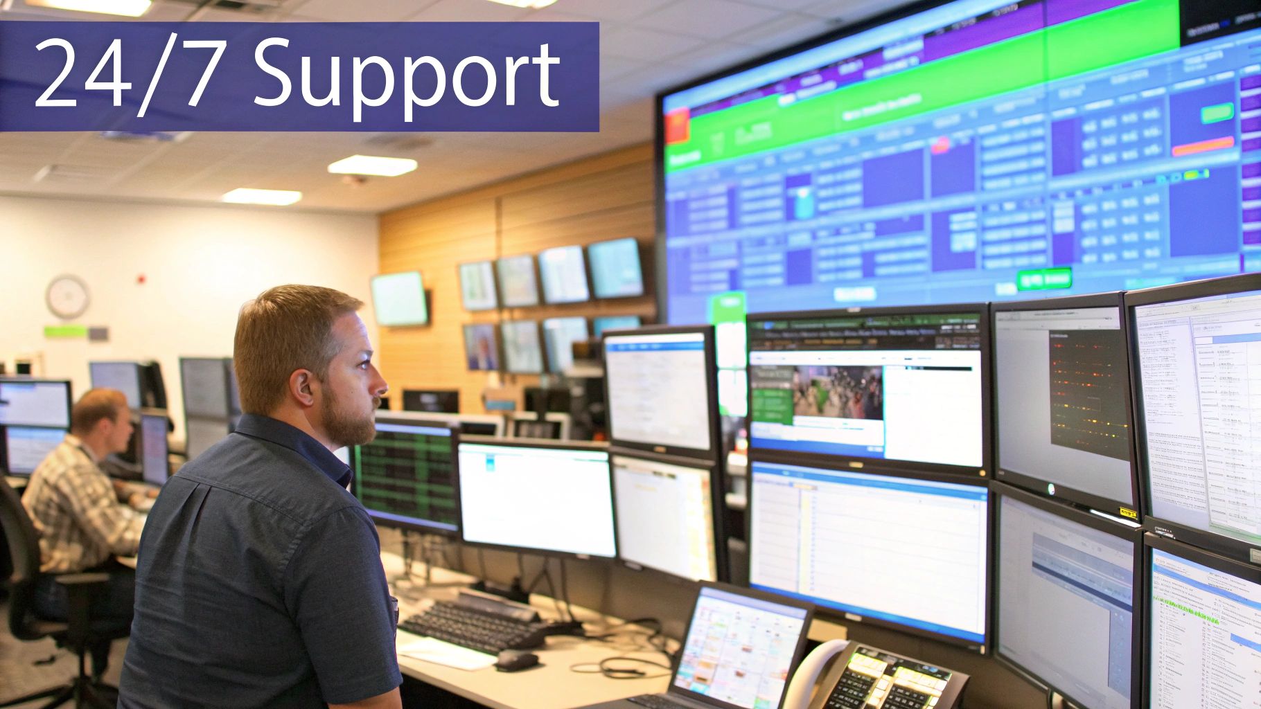 A network operations centre with multiple screens showing data and alerts, representing 24/7 monitoring.