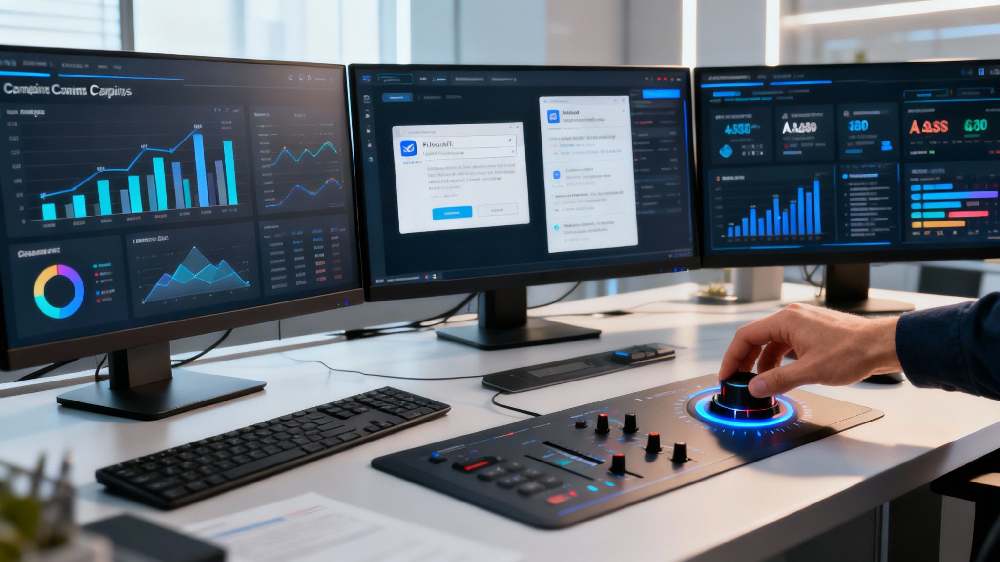 A person using a tablet to adjust a digital dashboard, illustrating the fine-tuning of automated client campaigns.