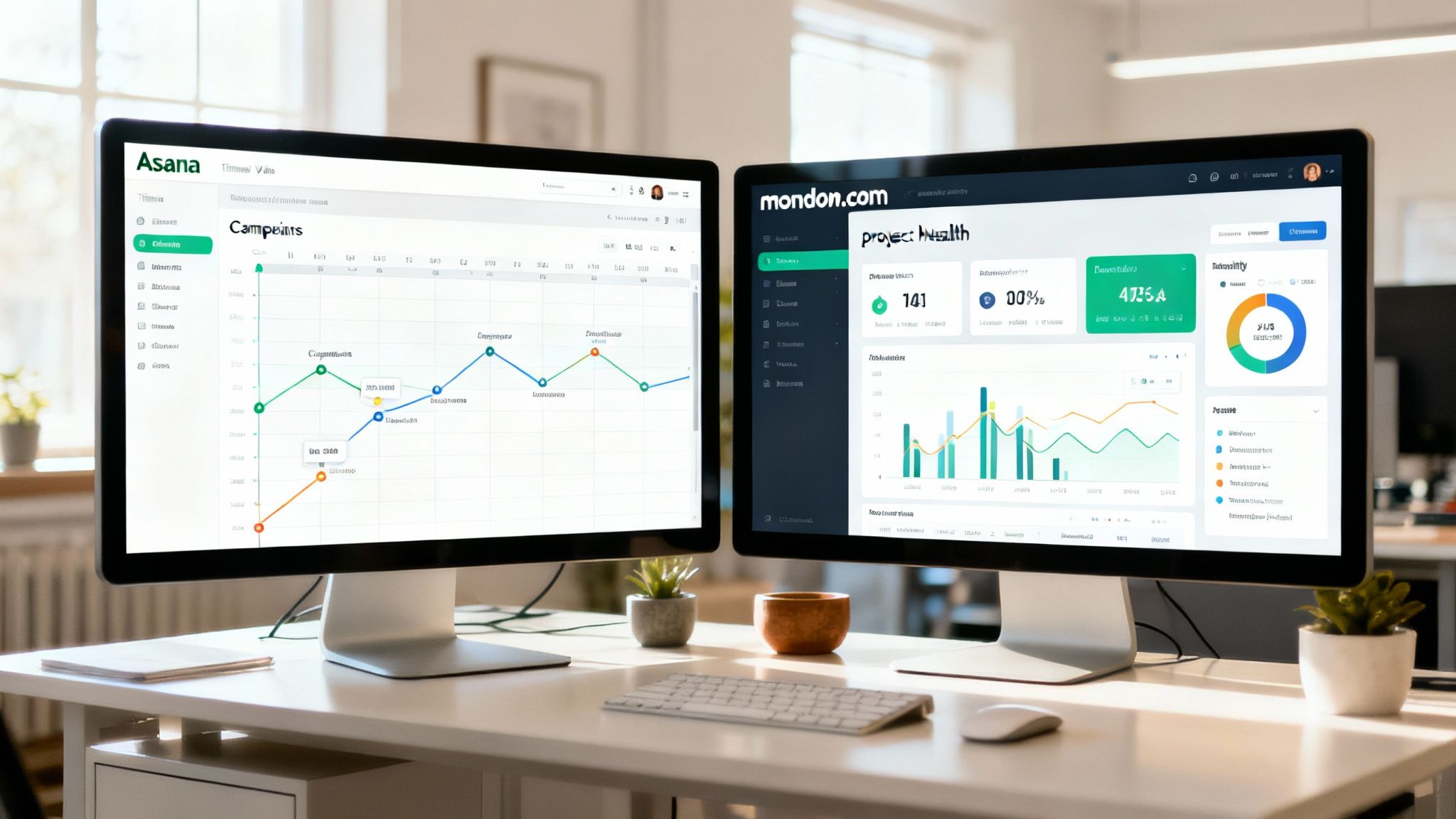 A detailed project management software comparison dashboard shown on a laptop screen.