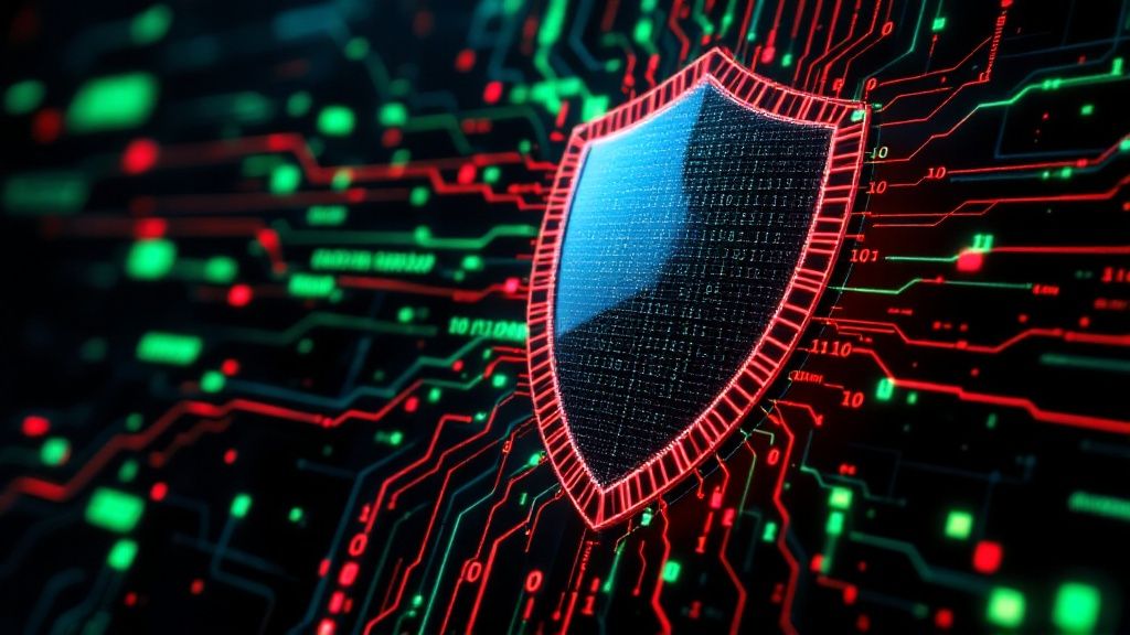 An abstract image showing digital networks and security shields, representing the concept of cyber security solutions.