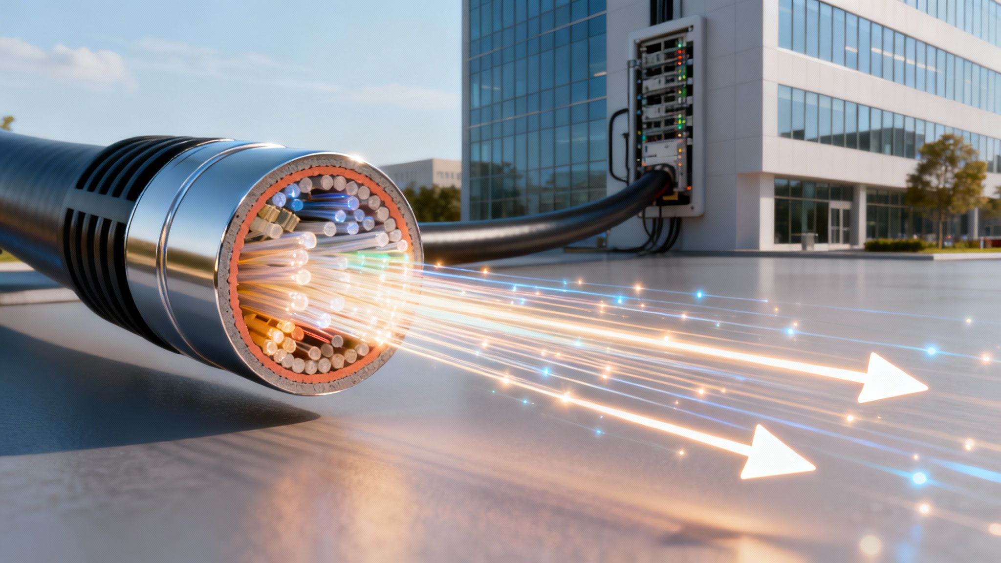 A diagram illustrating the direct fibre optic connection of a leased line from a business to the provider's network.