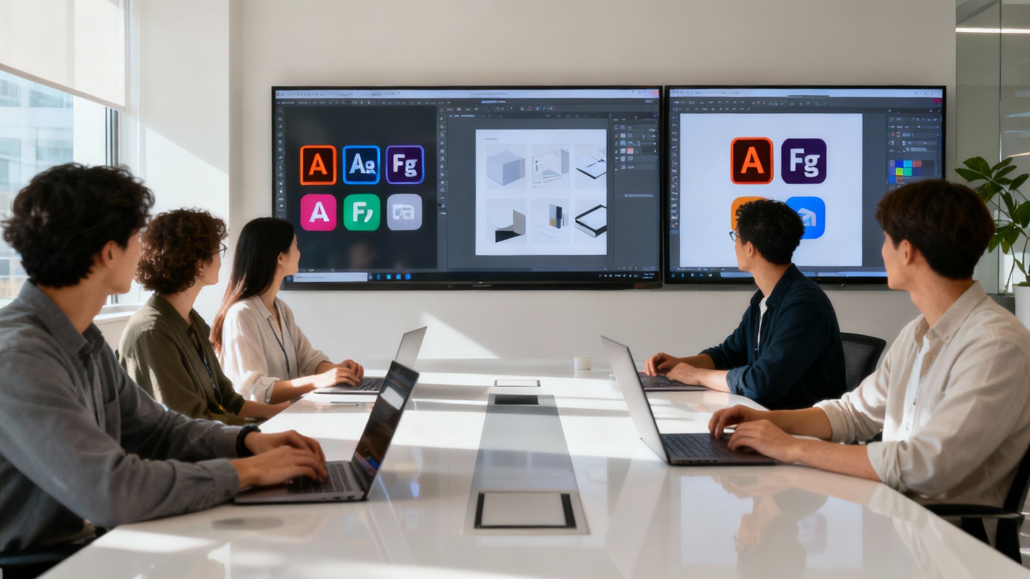A team collaborating around a table with laptops and charts, representing project management.