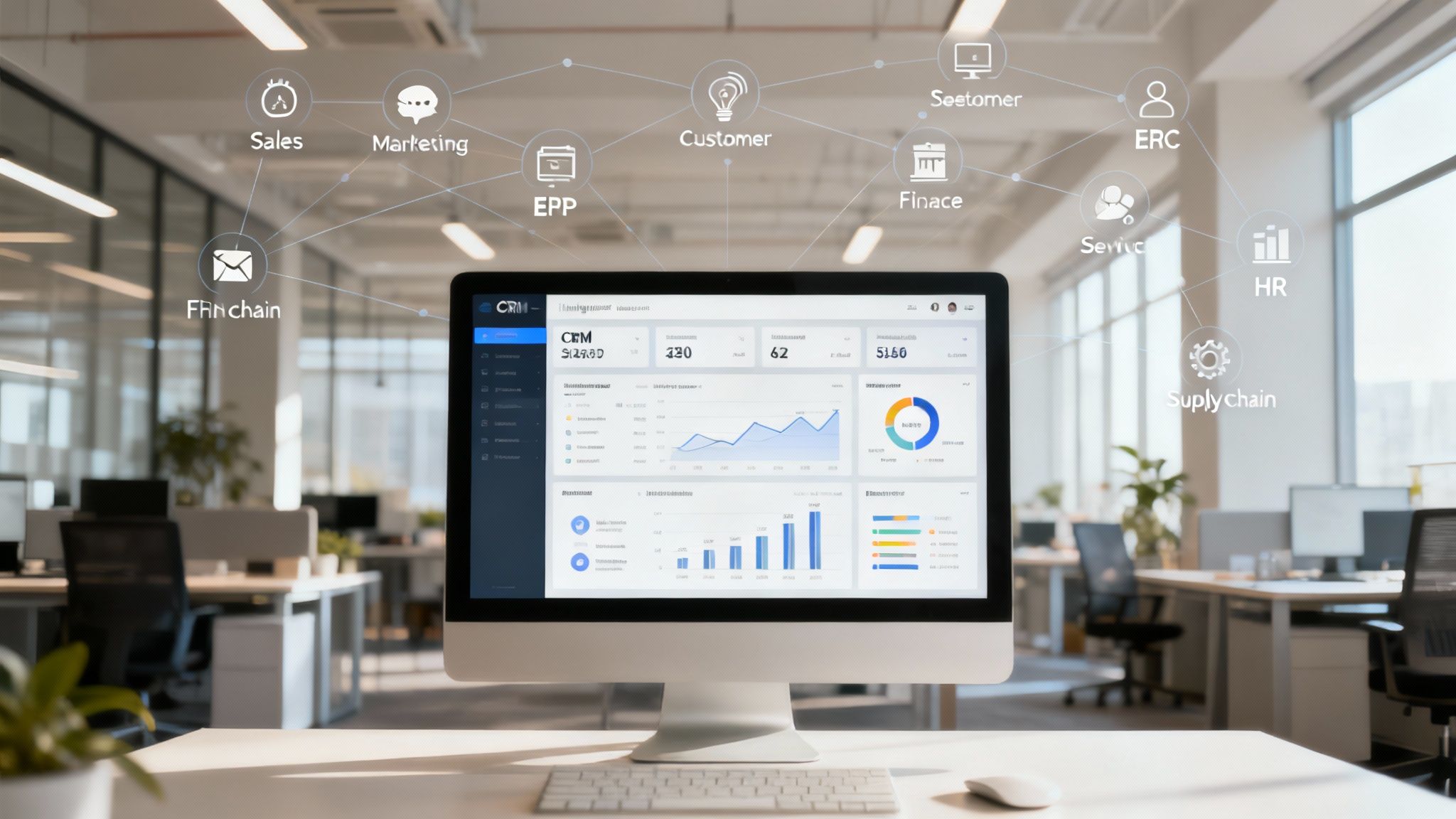 A group of diverse business professionals collaborating around a large digital interface showing interconnected data points.