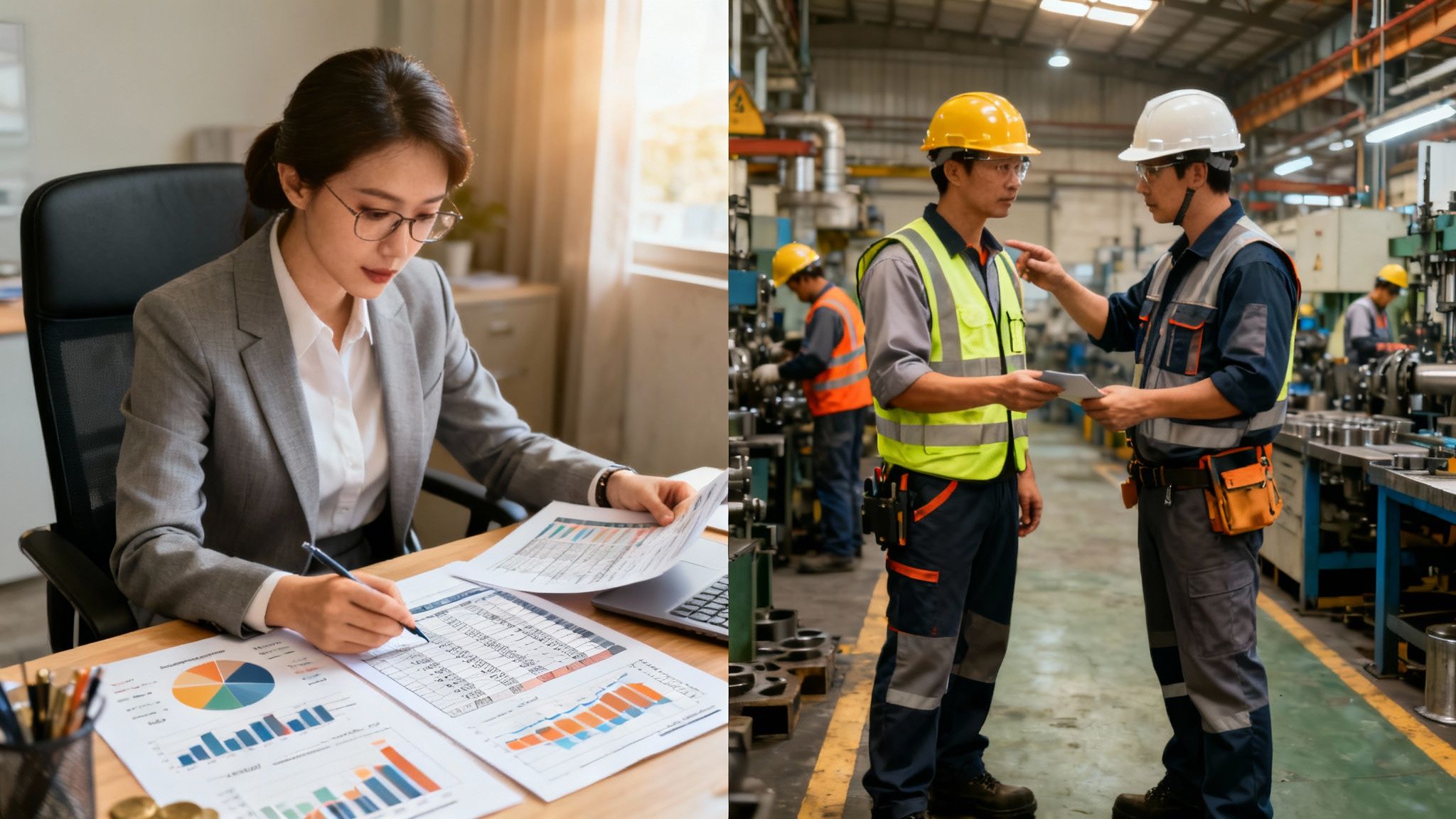 Real-world scenario of a manufacturing employee wearing safety gear while operating machinery.