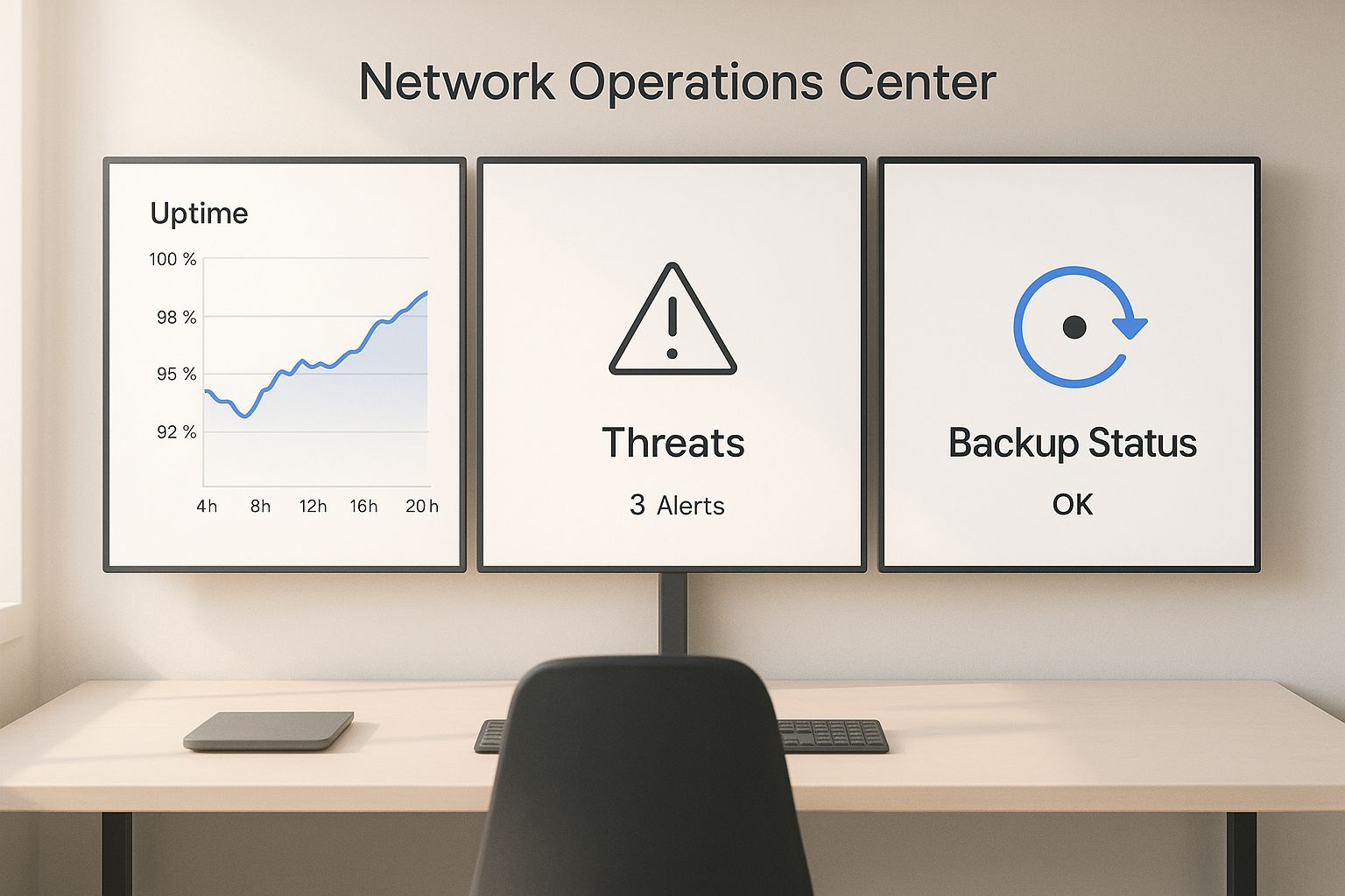 Infographic showing a minimalist network operations center with monitors displaying real-time uptime graphs, threat alerts, and backup status icons.