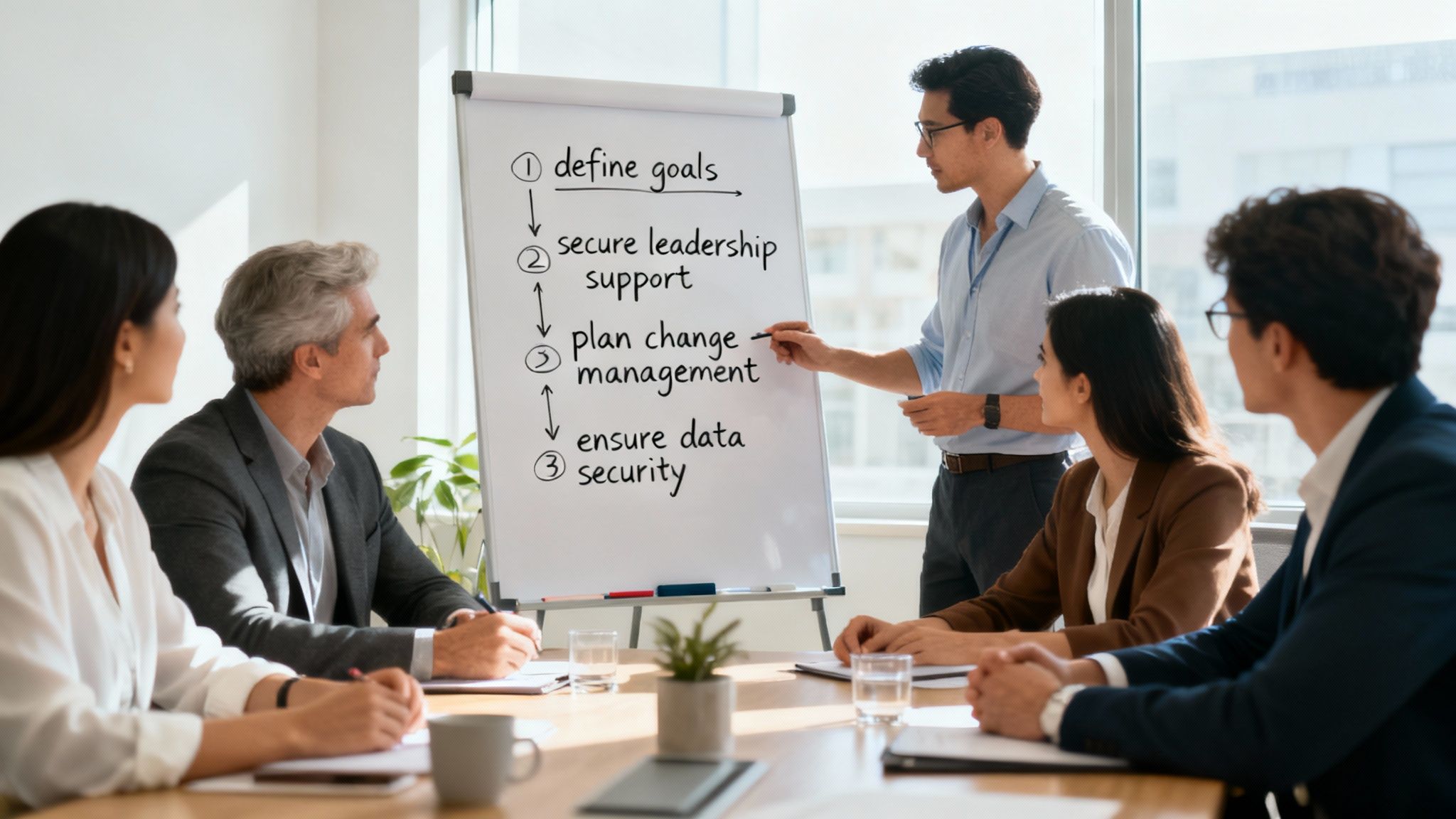 A team collaborating around a table with laptops and diagrams, planning a project.