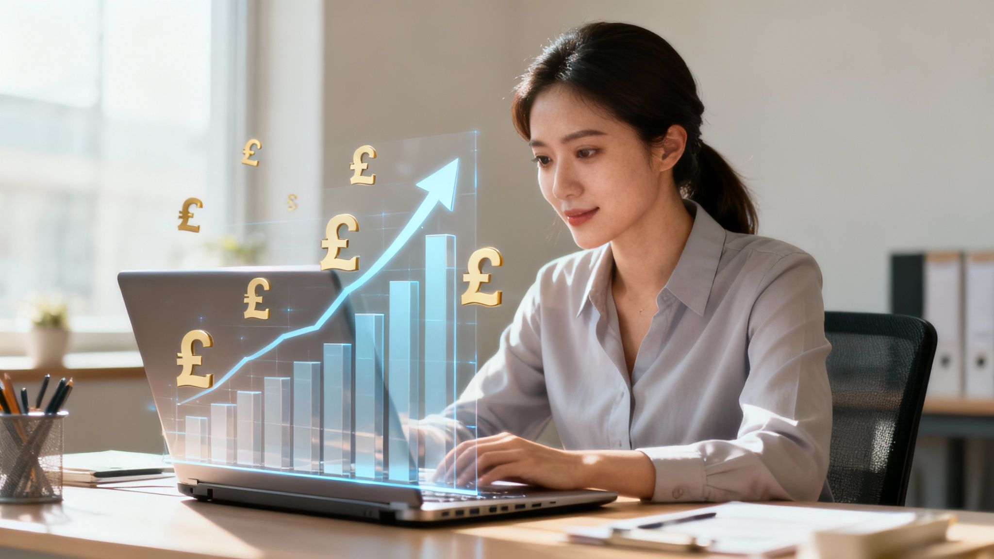 A graph showing business growth with coins and a rising arrow, representing financial benefits.