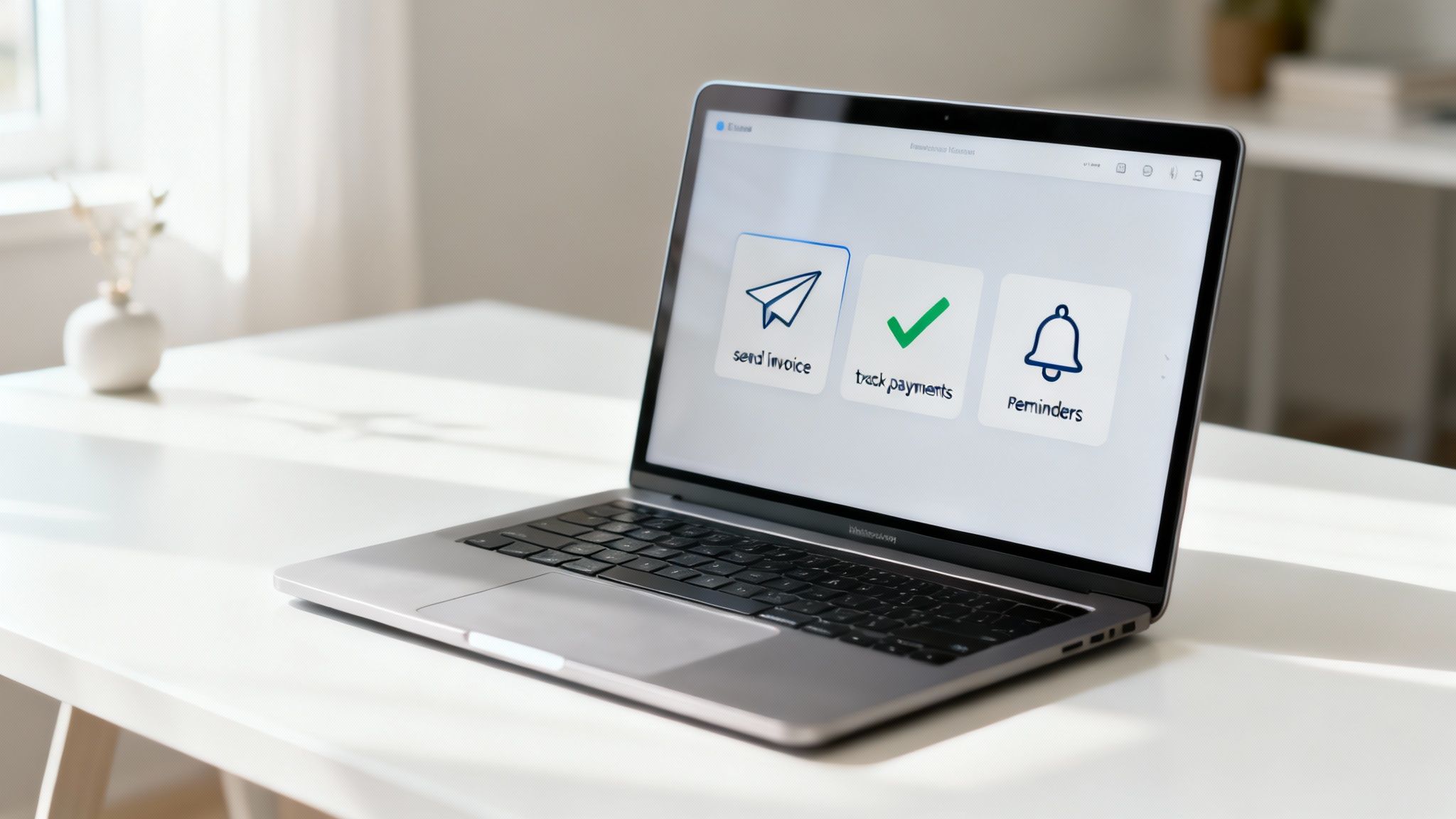 A person sitting at a minimalist desk with a laptop, calmly managing their business invoices with ease.