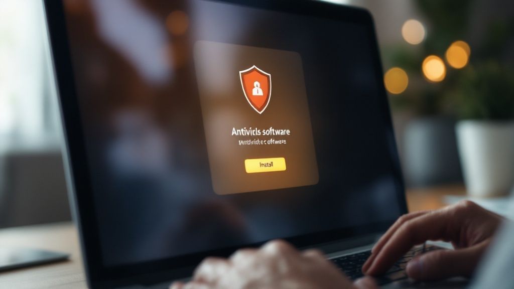 A person working on a laptop with a digital overlay showing security icons and shields, representing cyber threats.