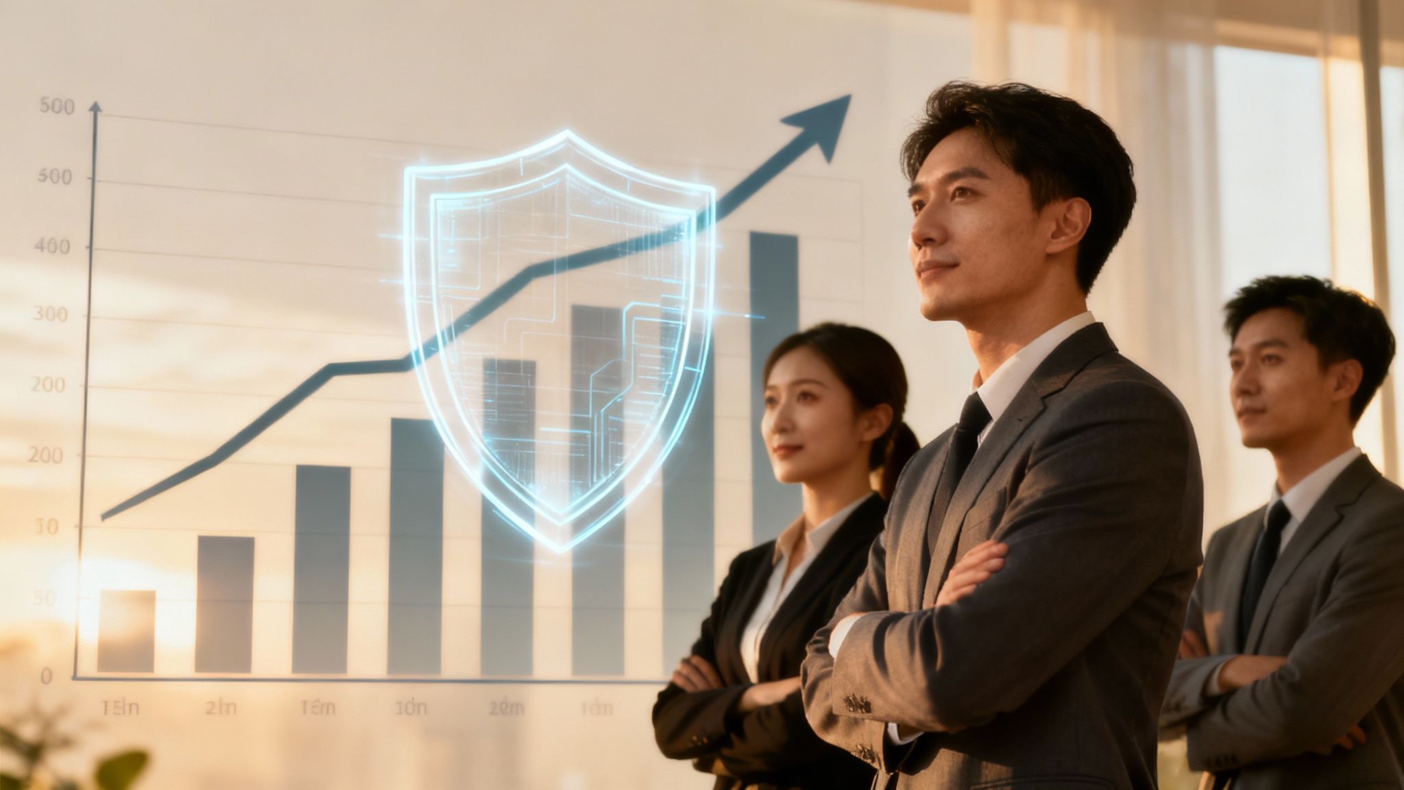 A team of business professionals looking at a graph showing upward growth on a large screen in a modern, well-lit meeting room.