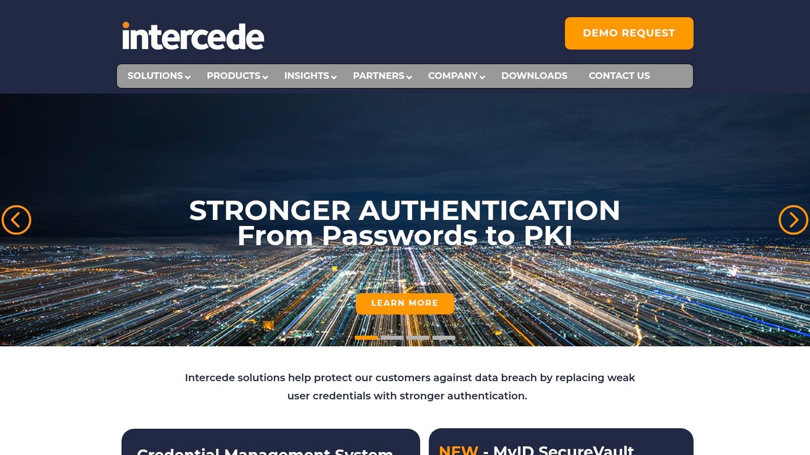 The Intercede website homepage, showing its focus on digital identity management.