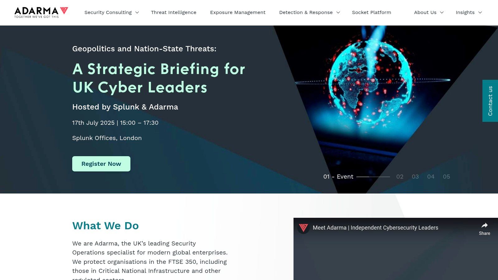 Adarma's website homepage showcasing their branding and service focus.