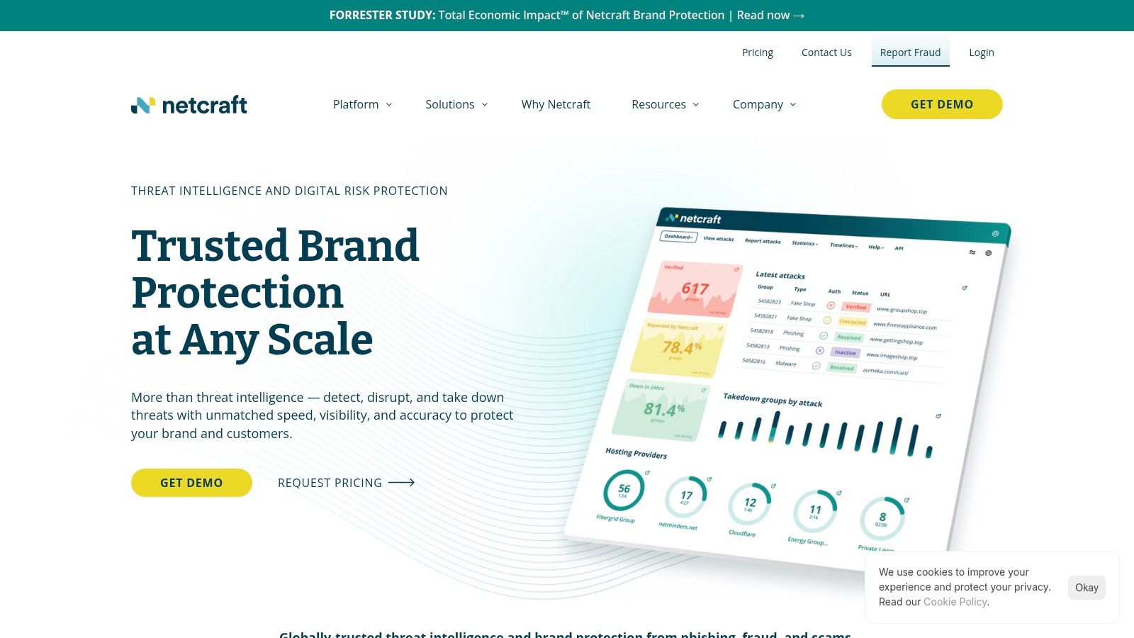 The Netcraft website homepage showing its core services.