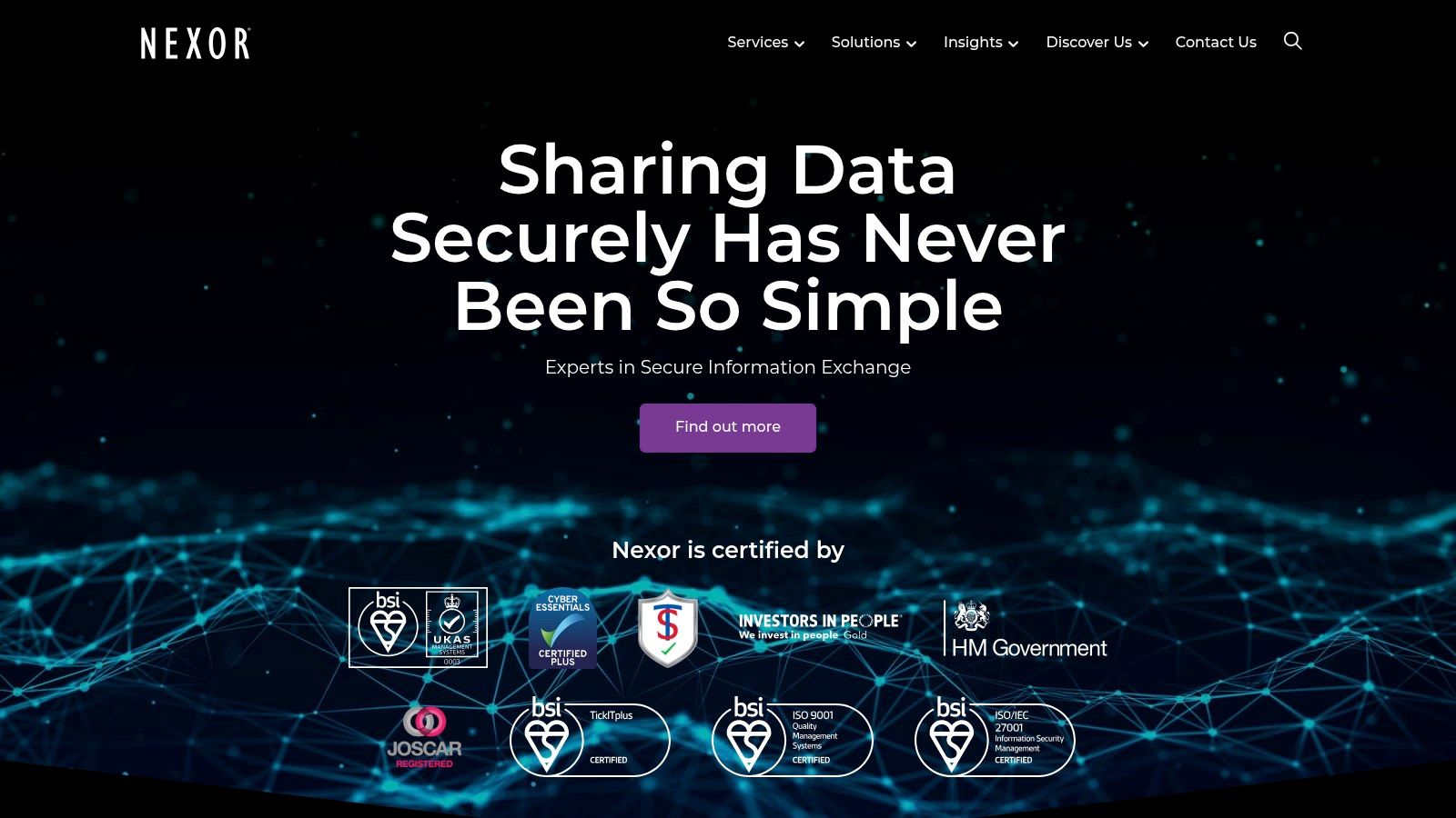 Nexor website homepage showcasing their focus on secure information exchange.