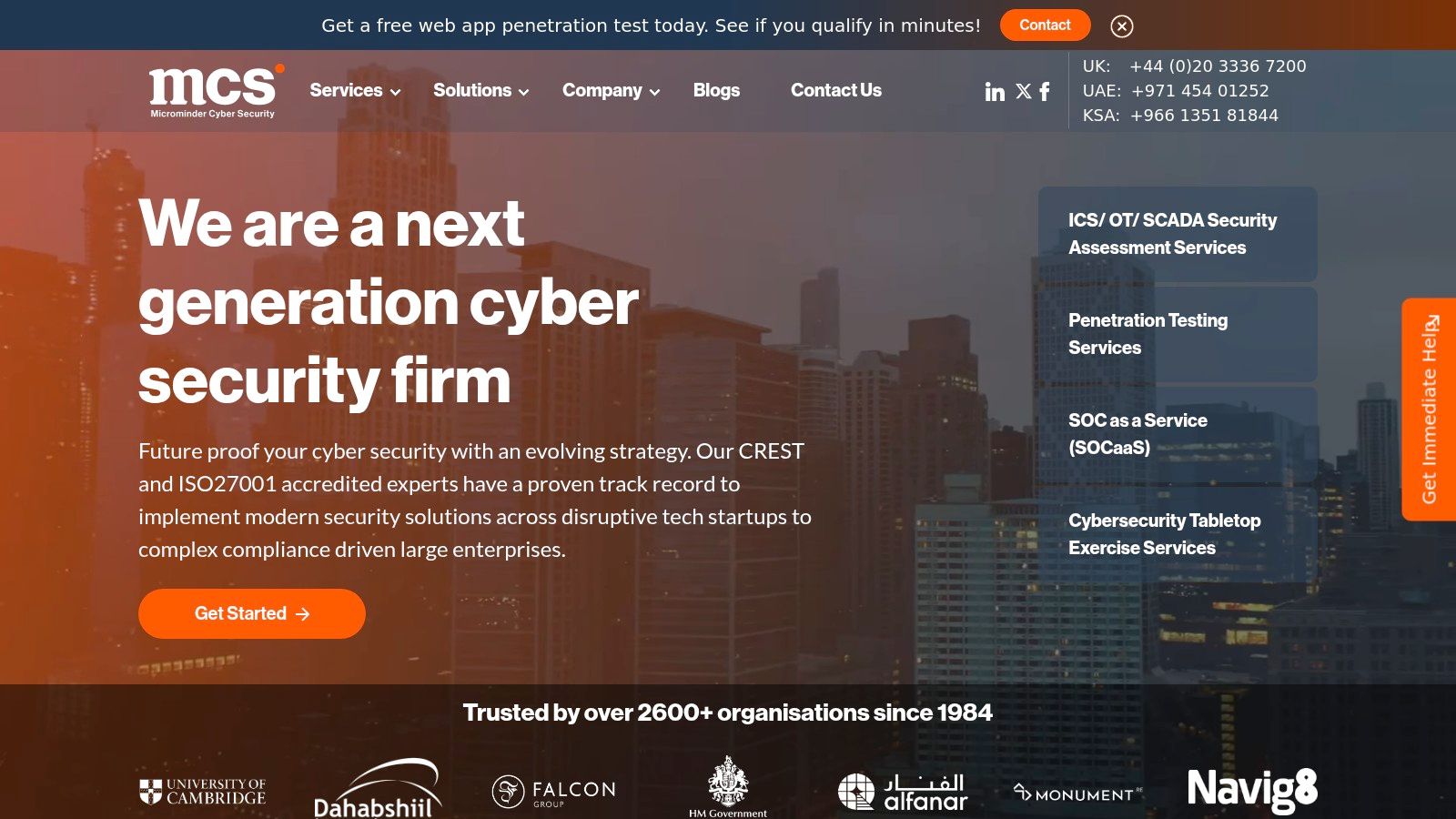 Microminder Cyber Security homepage showing their service offerings.